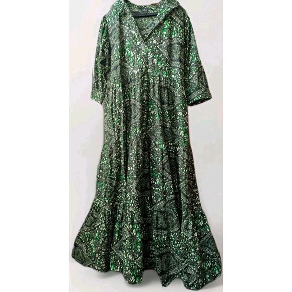 the Oula Company Tiered Maxi Printed Green Cotton Shirt Dress A-Line One Size - Picture 1 of 13